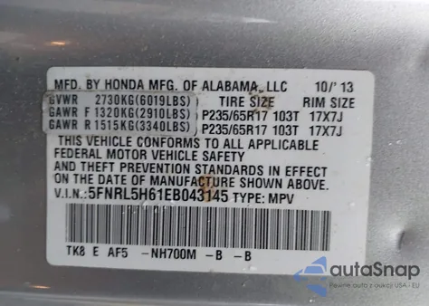 2014 Honda Odyssey Ex-L from USA, damaged, VIN 5FNRL5H61EB043145
